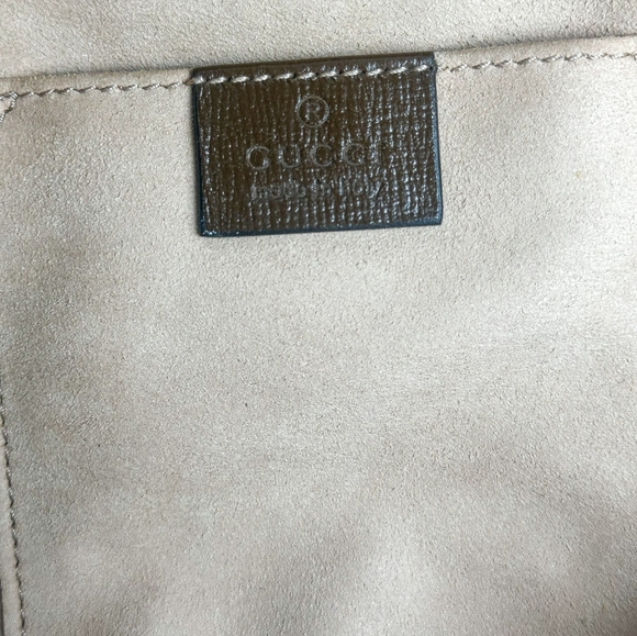 GUCCI Monogram Textured Calf skin Horsebit1955 Drawstring Bucket Bag Beige Brown - Picture 9 of 11